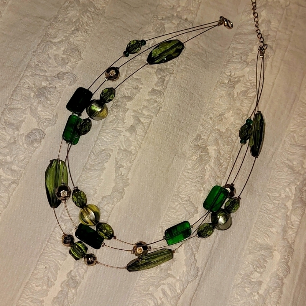 Vintage Multi-Tiered Green and Grey Necklace